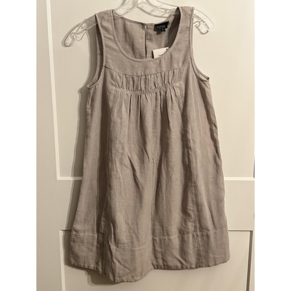 Topshop Dress Womens 6 Beige 100% Cotton Sleeveless Scoop Neck Swing Shift